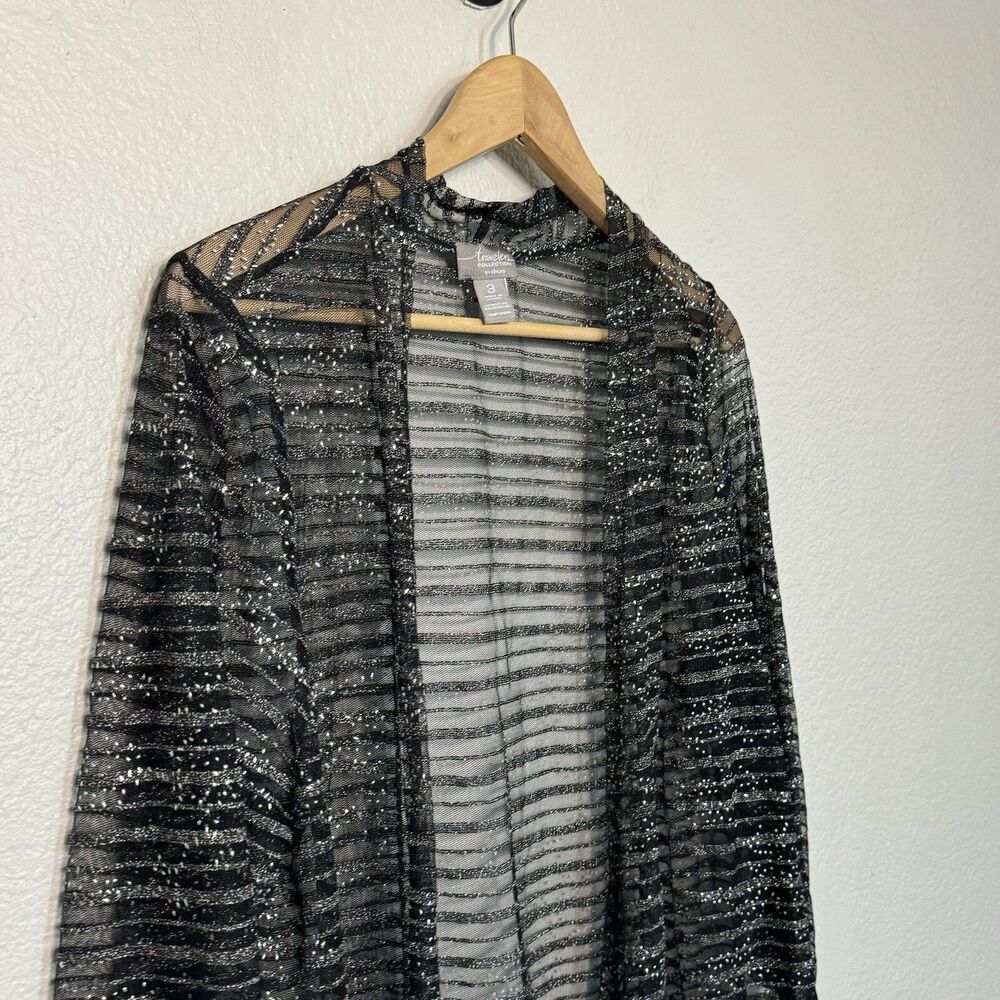 Chicos Travelers Cardigan Black Open 3/4 Sleeve Sheer Silver Lightweight Size XL